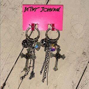 Betsey Johnson Silver Cross Earrings with Multicolor Accents